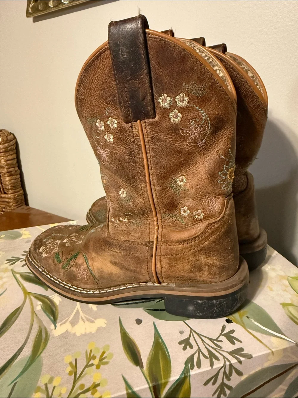 Girls Brown Embroidered Western Pull-On Boots